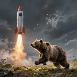 a bear running to catch a rocket ship that already launched, digital painting