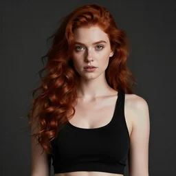 beautiful irish lass ( model ) with red wavy hair and piecing eyes, soft flawless pale skin, wearing a black crop top photography dramatic dark lighting, hyperrealistic
