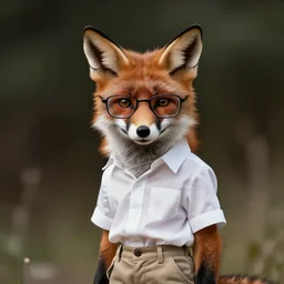 close up photo of anthropomorphic fox animal dressed in white shirt and khaki cargo pants, fox animal, glasses