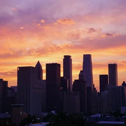 a north american city at sunset, 1 9 9 0 s, wideshot, skyline, bright sky with orange / purple undertones, in the style of hiroshi nagai