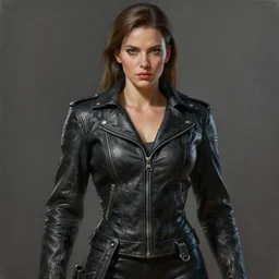 painting of female wearing a skintight leather jacket, full view, popular on artstation, artstationhd, artstationhq 8 k, volumetric lighting, super focused, no blur, trending on artstation, artstationhd, artstationhq, ultra detailed, by artgerm and james gurney, greg rutkowski,