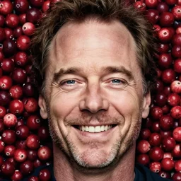 closeup portrait of bryan cranston happy face surrounded by cranberries, food photography, natural light, sharp, detailed face, magazine, press, photo, steve mccurry, david lazar, canon, nikon, focus