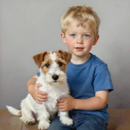 a three year old boy with short blonde hair and blue eyes sitting with a very cute wire haired jack russell terrier puppy, white with brown patches over both eyes. detailed, high quality painting by artgerm and greg rutkowski and ilya kuvshinov