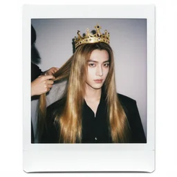 handsome influencer wearing a golden crown with shiny and silky long hair getting hair styled with danny devito illuminated by sparkling diamonds, polaroid