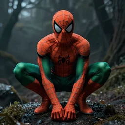 moody atmospheric render of an orange and green spiderman by wlop made with unreal engine