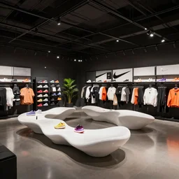 large nike boutique flagship retail. black interior!!! white sensual flowing furniture!!! with colorful shoes and varied clothes. low ceilings with rails and spots. plants. muted colors. architectural photography, 8 k, realistic lighting, reflections, bloom, hyperdetailed environment, pbr materials.