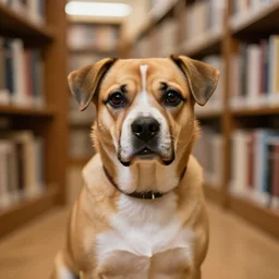 a portrait of a dog in a library, sigma 8 5 mm f / 1. 4.