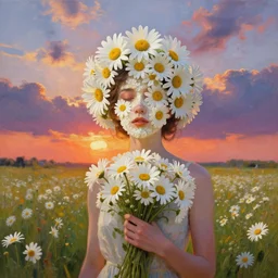 portrait of a female face made of giant daisies, standing in a flower field, holding flowers, surreal photography, sunset dramatic light, impressionist painting, colorful clouds, large sky, digital painting, artstation, simon stalenhag