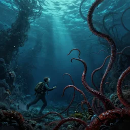 horror tendrils extend out from the mariana trench to grab a fisherman by greg rutkowski