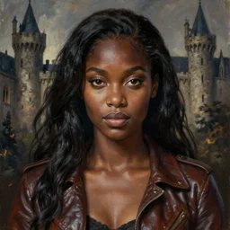 breathtaking detailed soft painting of a sexy black girl in leather, with long hair and piercing eyes, in a moody medieval castle, symmetrical realistic facial features, rembrandt style, elegant, highly detailed, artstation, concept art, matte, sharp focus, art by tom bagshaw, kelogsloops and greg rutkowski