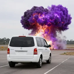 white minivan driving away from purple explosion