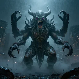 dramatic portrait of a roaring cthulhu, symmetry, post apocalyptic setting, fog, rain, city at night