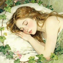 closeup face shot of sleeping woman with long hair on a bed surrounded by ivy and flowers, fantasy art, trending on artstation, sleeping beauty fairytale, art by hans zatzka and walter crane and kay nielsen, watercolor illustration,
