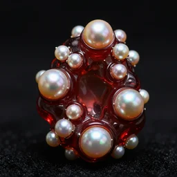 a luxury jewelry, cell forms, organic, red glass, pearl, close up, no people black backgground, showcase