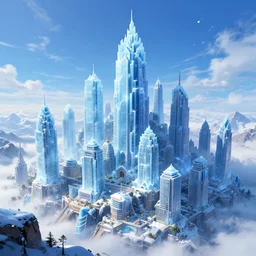 city of ice, majestic mountaintop skyscrapers, fantasy artwork, digital art, vibrant color palate