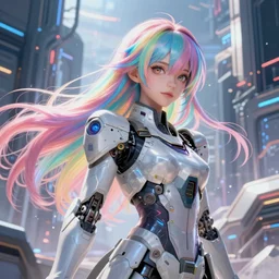 beautiful portrait of a sci woman with gundam implants with rainbow pastel flowy long hair facing the camera in the style of a code vein character, momo from twice in code vein in the style of wlop, artgerm, yasutomo oka, yuumei, rendered in unreal engine and redshift octane, background is an epic sci fi building landscape by simon stalenhag, digital art dynamic dramatic lighting, soft lighting, imagine fx, artstation, cgsociety, zbrush central, by bandai namco artist, hi tech solarpunk