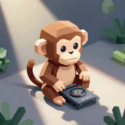 isometric cute low - poly monkey using a sony walkman, isometric, cute