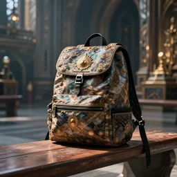 close - up of a magical backpack on the bench of a futuristic cathedral of the indeterministic religion by krenz cushart, fantasy, dramatic light
