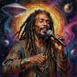 a high hyper detailed painting with many complex textures of a damian marley like man making music in the cosmos, cosmic surrealpsychedelic magic realism spiritual ufo art
