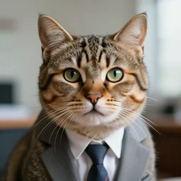 portrait of a business cat, super detailed, hyper realism, sharp focus, movie scene, stylized