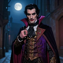 highly realistic photograph of a 1 9 th century vampire lord, cg art, digital painting, vibrant colors, exquisite attire, dark alleyway, volumetric moonlight