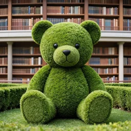a photo of front hedges trimmed in the shape of a teddy bear in front of the great library