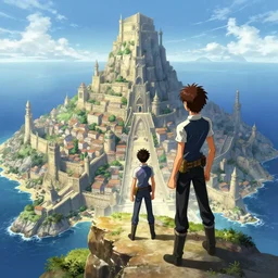 an ultra detailed matte landscape painting of the chosen one standing on a cliff overlooking the capital of athersei, a fortress town built into a mountain by the sea, extremely tall and strong young man with short brown hair as a shonen anime protagonist, epic anime fantasy, 8 k, volumetric lighting, smooth, highly detailed, digital illustration, art by kentaro miura and akira toriyama and artgerm