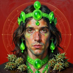 hyper realistic portrait painting of timothy leary ( intricate detail, hot neon green ornaments, marijuana ) wet, marijuana buds, by saturno butto, boris vallejo, austin osman spare and david kassan, by bussiere. occult art, occult diagram, red and green color scheme.