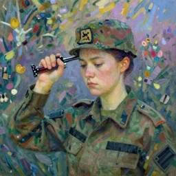 a female soldier holding a a staple gun to her own head and looking depressed by monet