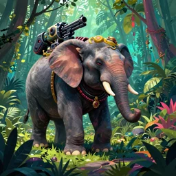 war cyberpunk elephant with machine gun mounted in a vivid color jungle, 4 k, detailed, digital art