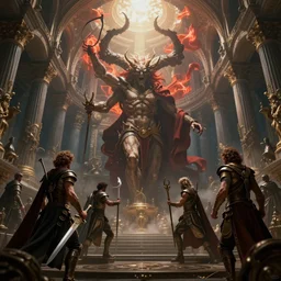 The war between heaven and hell, by Rolf Armstrong and Evelyn De Morgan and Bastien Lecouffe-Deharme, dramatic lighting, high contrast colors, baroque, empyrean, panoramic view, as trending on Artstation, highly detailed, quake engine,