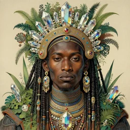 upper half portrait of retro futuristic african tribal chief - embellished with vegetation and iridescent crystals, art by utagawa kunisada, highly detailed, digital painting, concept art, illustration, sharp focus, intricate, symmetry, artstation, colourful,