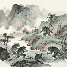 in the beautiful landscape, there are evil monsters are stirring, traditional chinese ink painting.