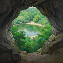Larry Elmore painting - You step to the edge of the rocky opening and peer over. You see a tranquil pond and a sandy beach 20 feet below. The opening’s bottom leads to a cave, its verdant flora a stark contrast to the rocky sides.