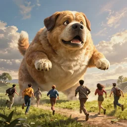 landscape of people running from a giant obese dog, very scared, digital art, artstation