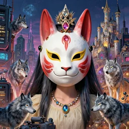 hyper realistic Princess Mononoke in her mask, busy  cyberpunk metropolis, city landscape, wolves, magic, castle, jewels, style of tom bagshaw, mucha, james gurney, norman rockwell,  denoised, sharp