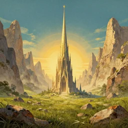 the single wizard's magical spire, rocky grass field, grand landscape art by donato giancola and greg rutkowski, vintage retro, digital art, trending on artstation, symmetry!!, epic composition, volumetric lighting