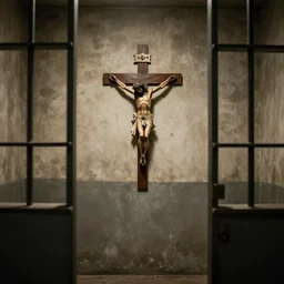 interior of a prison cell with an old crucifix of jesus christ on the center of a dirty wall, eerie atmosphere, hyperrealism, realistic