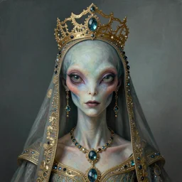 a beautiful surreal portrait of alien royalty. Detailed masterpiece. Intricate features. Chris Mars, Edward Hopper, Martine Johanna