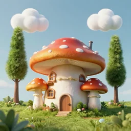 mushroom designed as a house, clouds, tall trees, octane render, volumetric, unreal engine