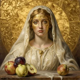 michelangelo masterpiece ultrarealistic ultradetailed painting of catholic veiled lady beside fruits, still life, greg rutkowski, immerse, slime, 1 8 th century, special effects makeup, maximalist, glittering, gold, ivory, hyperreal, golden ratio, alphonse mucha