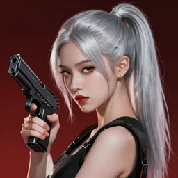 girl silver ponytail hair, holding a gun, illustration by Krenz Cushart, cinematic portrait