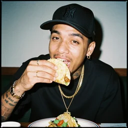 rapper eating tacos night shoot with flash high detailed kodak 8 0 s look