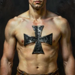 he - man, closeup portrait, sci fi, fantasy, intricate, with german iron cross on bare chest, stoic, loin cloth, highly detailed, oill painting, artstation, concept art, matte, sharp focus, painting by frazetta and peter chung