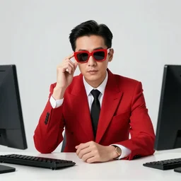 portrait front view of a man in a red suit sitting at a desk, red sunglasses