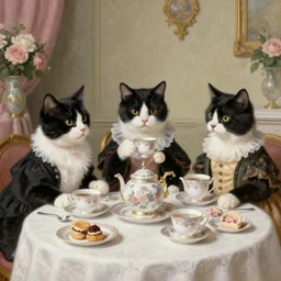 calico cat trio enjoying a fancy english tea party, painted by carl spitzweg