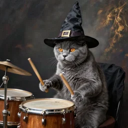 gray cat in a wizard hat playing drums