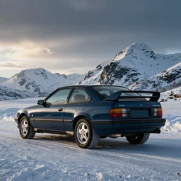 a dark blue 1991 opel calibra with a rear spoiler in northern Norway at winter by Ludwig Deutsch and  Rudolf Ernst, low sun, cold, strong dramatic cinematic lighting, lost civilizations, smooth, sharp focus, extremely detailed