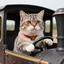 a cat with aviator glasses as a driver of a steam locomotive
