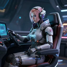 cyberpunk space pilot wired into her cockpit, artstation render 0.0000007